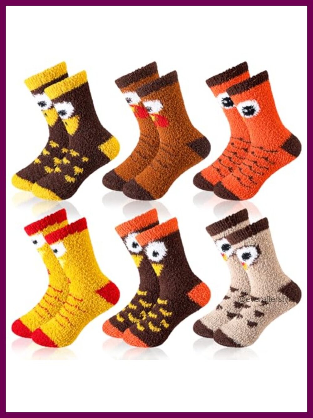 Thanksgiving Turkey Fuzzy Socks 6 Pairs Coral Fleece Plush Warm Women's One Size